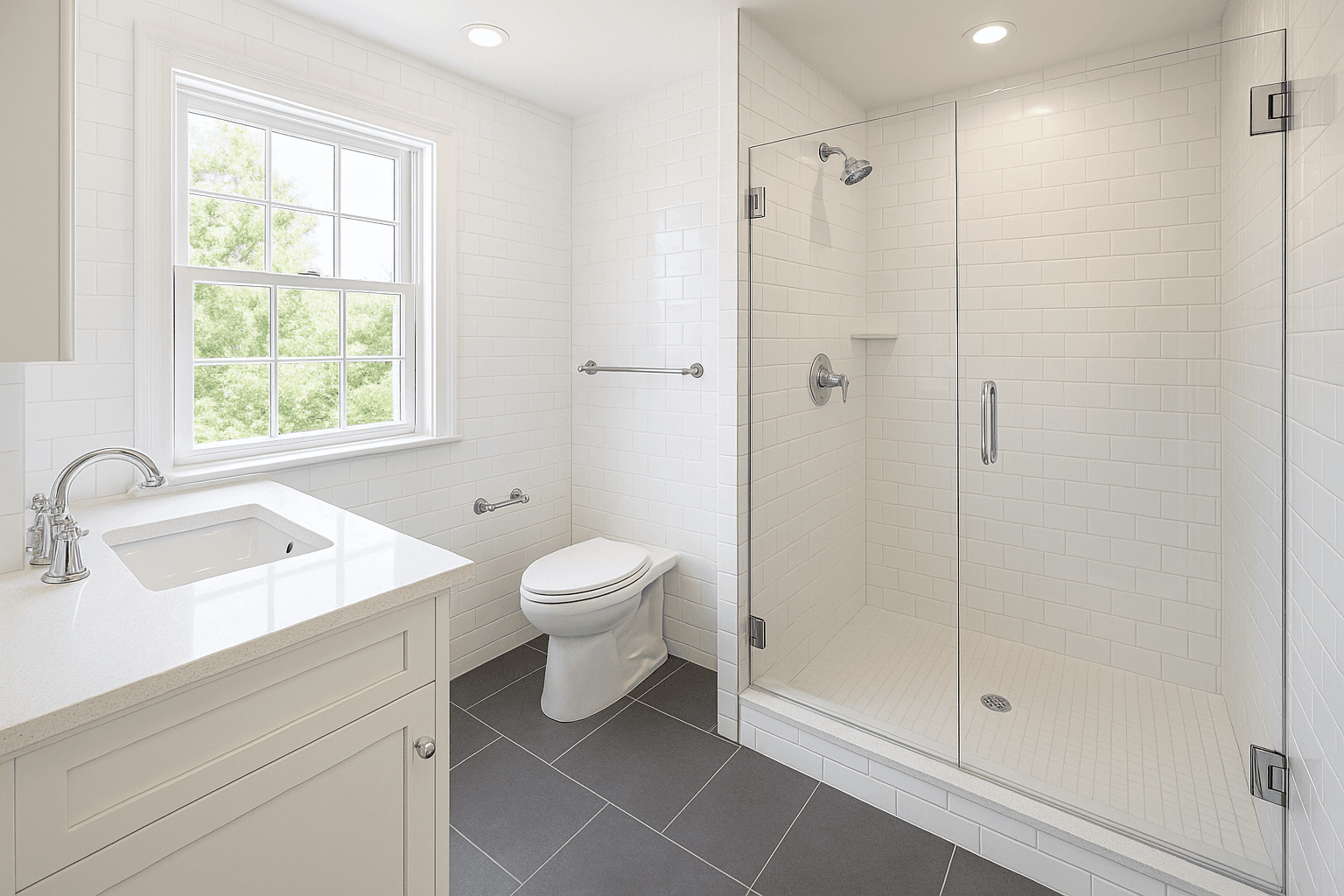 Newly renovated bathroom with white subway tile and frameless glass shower in a Nassau County NY home